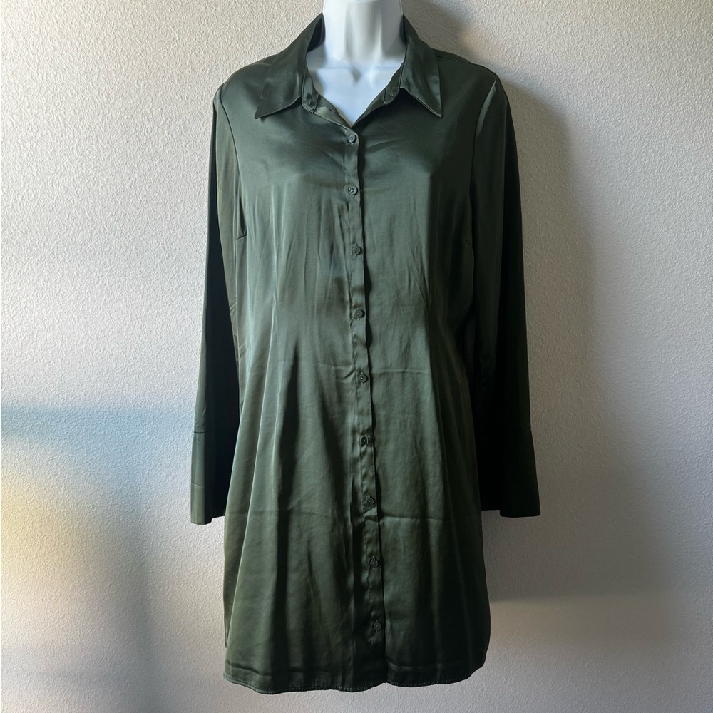 Olive Green Satin Abercrombie Button Down Dress
